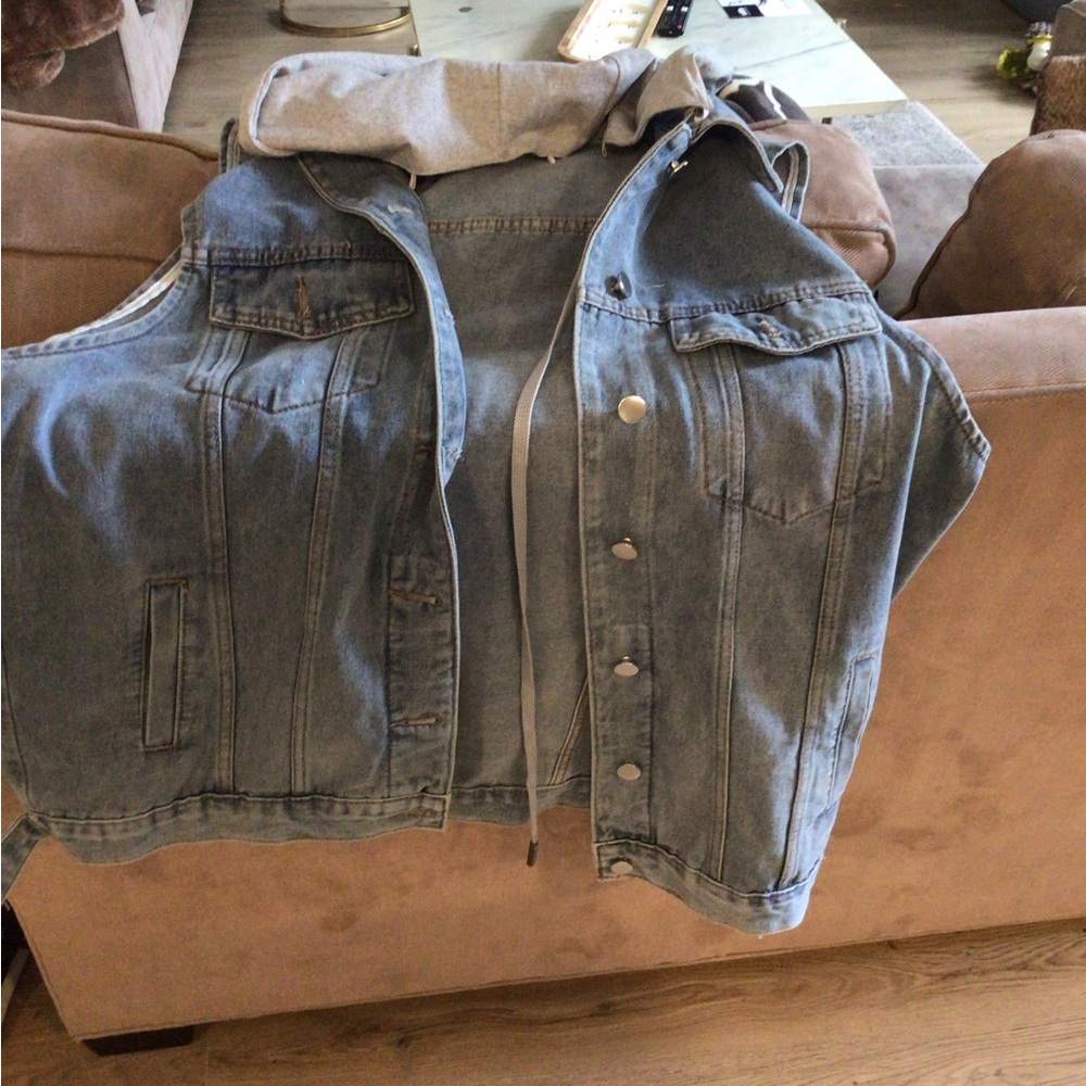 Denim and Gray Women's Hoodie Vest